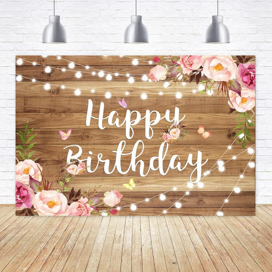 Pink Floral Happy Birthday Backdrop Butterfly Wooden Floor Watercolor Flowers Girls Women Photography Background Banner - Lasercutwraps Shop