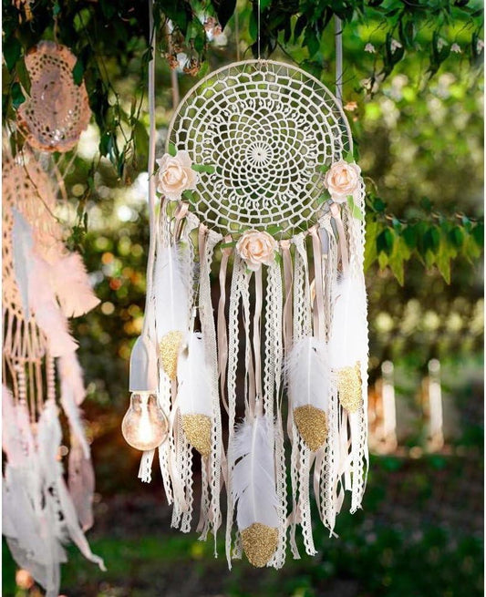 Boho Dream Catcher for Bedroom, Handmade White Gold Feather Flowers Dream Catchers for Girls Kids Nursery Bedroom Wall Decor - Lasercutwraps Shop