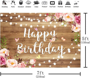 Pink Floral Happy Birthday Backdrop Butterfly Wooden Floor Watercolor Flowers Girls Women Photography Background Banner - Lasercutwraps Shop