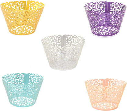 100 Pack Cupcake Wraps Filigree Artistic Bake Cake Paper Cup Little Vine Laser Cut Liner Baking Cups - Lasercutwraps Shop