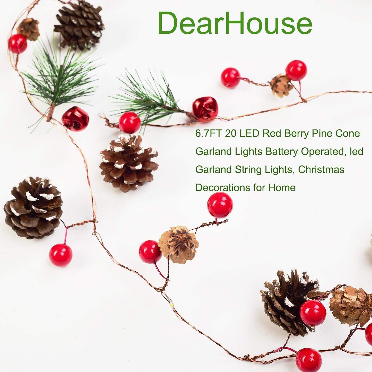 6.7FT Christmas Garland with Lights, 20 LED Red Berry Pine Cone Garland Lights Battery Operated - Lasercutwraps Shop