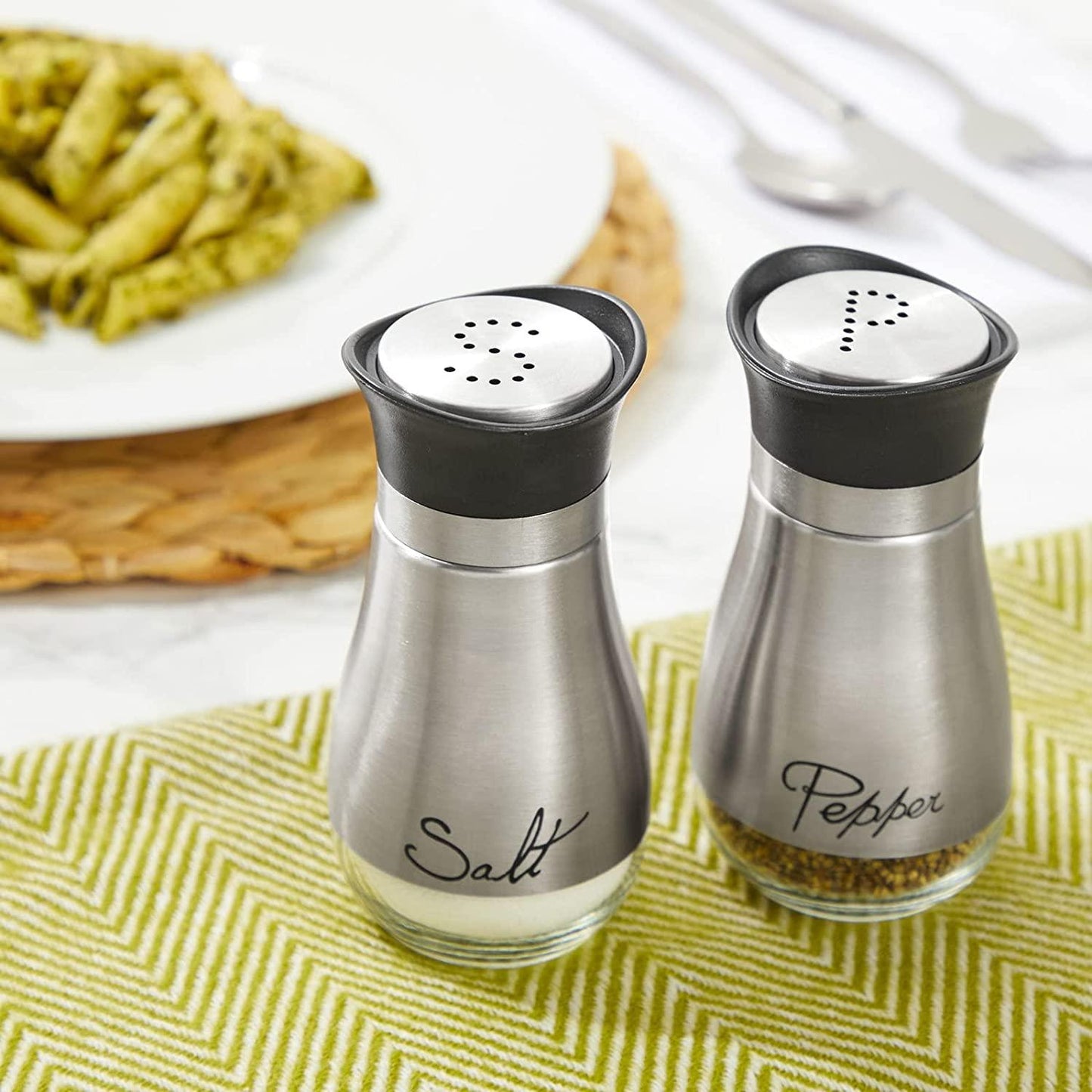 Stainless Steel Salt and Pepper Shakers Set with Glass Bottom, Modern Kitchen Accessories Set (4oz) - Lasercutwraps Shop