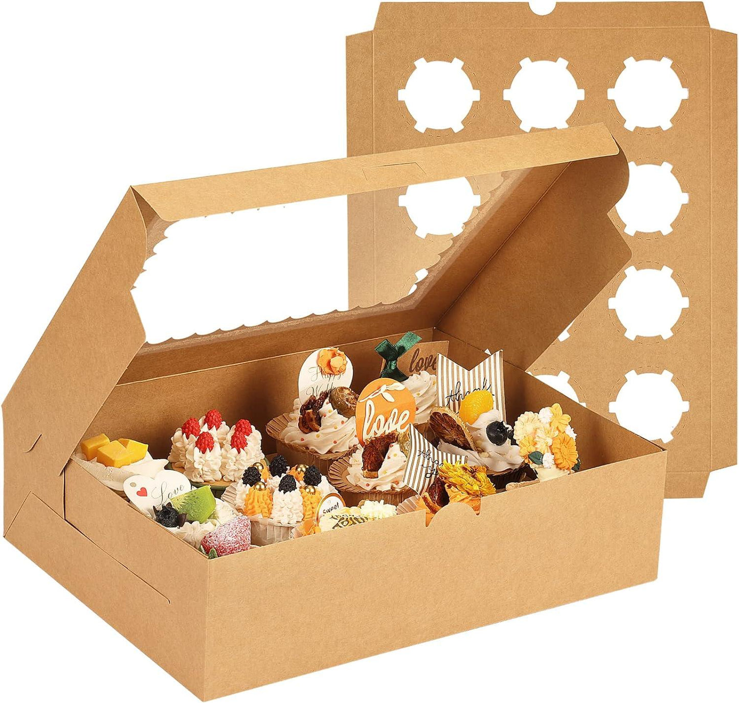 Brown Cupcake Containers 12 Count Kraft Bakery Carrier Boxes with Windows and Inserts to Hold Cupcakes - Lasercutwraps Shop