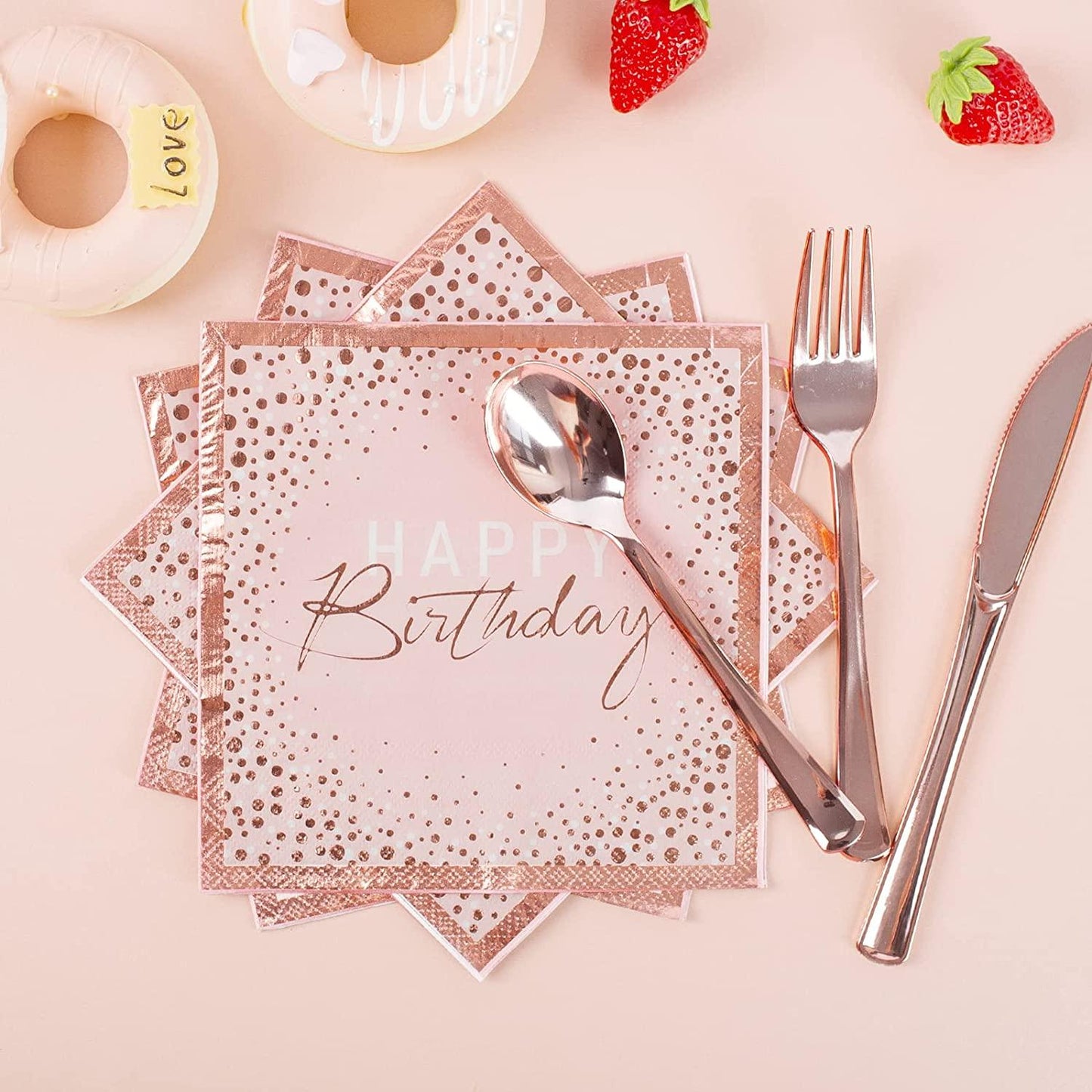 175PCS Happy Birthday Plates and Napkins Party Supplies, Paper Pink and Rose Gold Plates and Napkins with Rose Gold Plastic Forks Knives - Lasercutwraps Shop