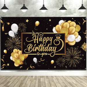 Happy Birthday Backdrop Banner Black and Gold Sign Poster Large Fabric Glitter Balloon Fireworks Sign - Lasercutwraps Shop