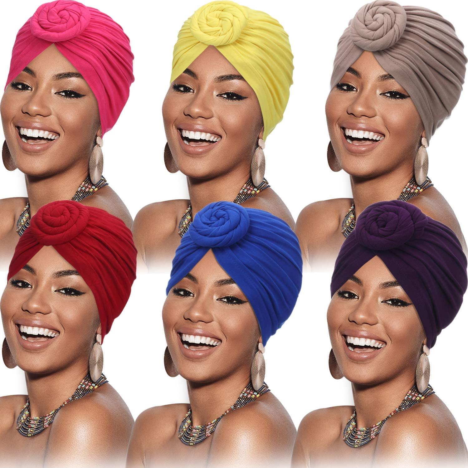 6 Pieces Women African Turban Flower Knot Pre-Tied Bonnet Beanie Cap Headwrap - Lasercutwraps Shop