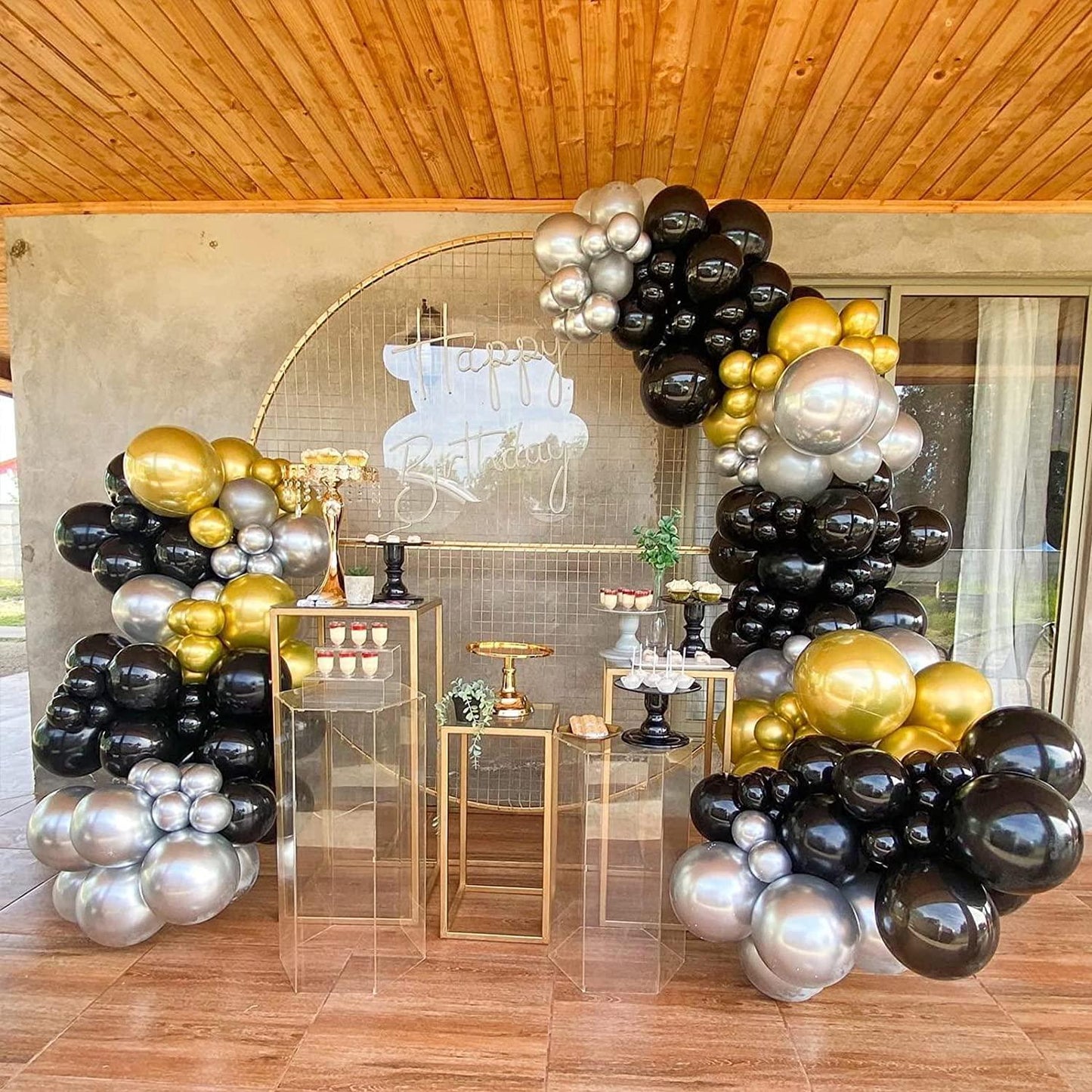 111PCS Black Gold and Silver Balloon Garland Arch Kit Metallic Black Metallic Gold Chrome Silver Latex Balloons - Lasercutwraps Shop