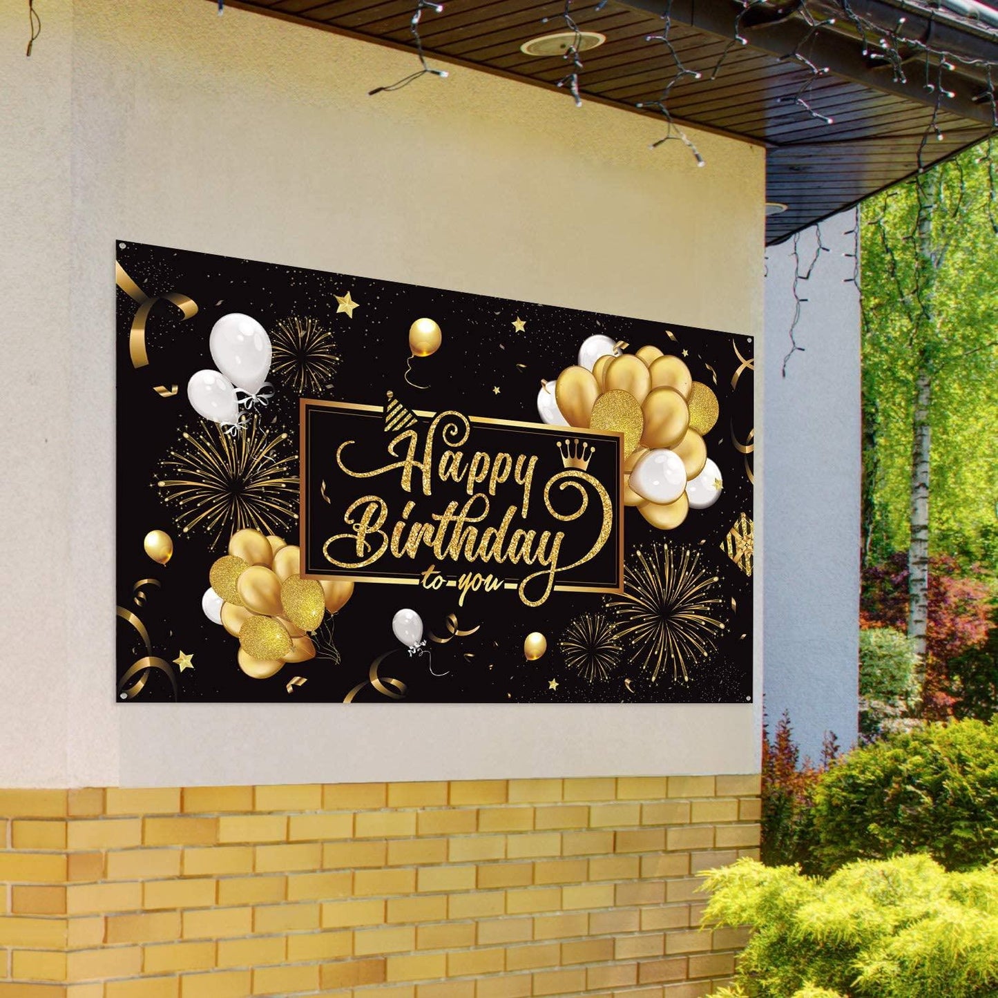 Happy Birthday Backdrop Banner Black and Gold Sign Poster Large Fabric Glitter Balloon Fireworks Sign - Lasercutwraps Shop