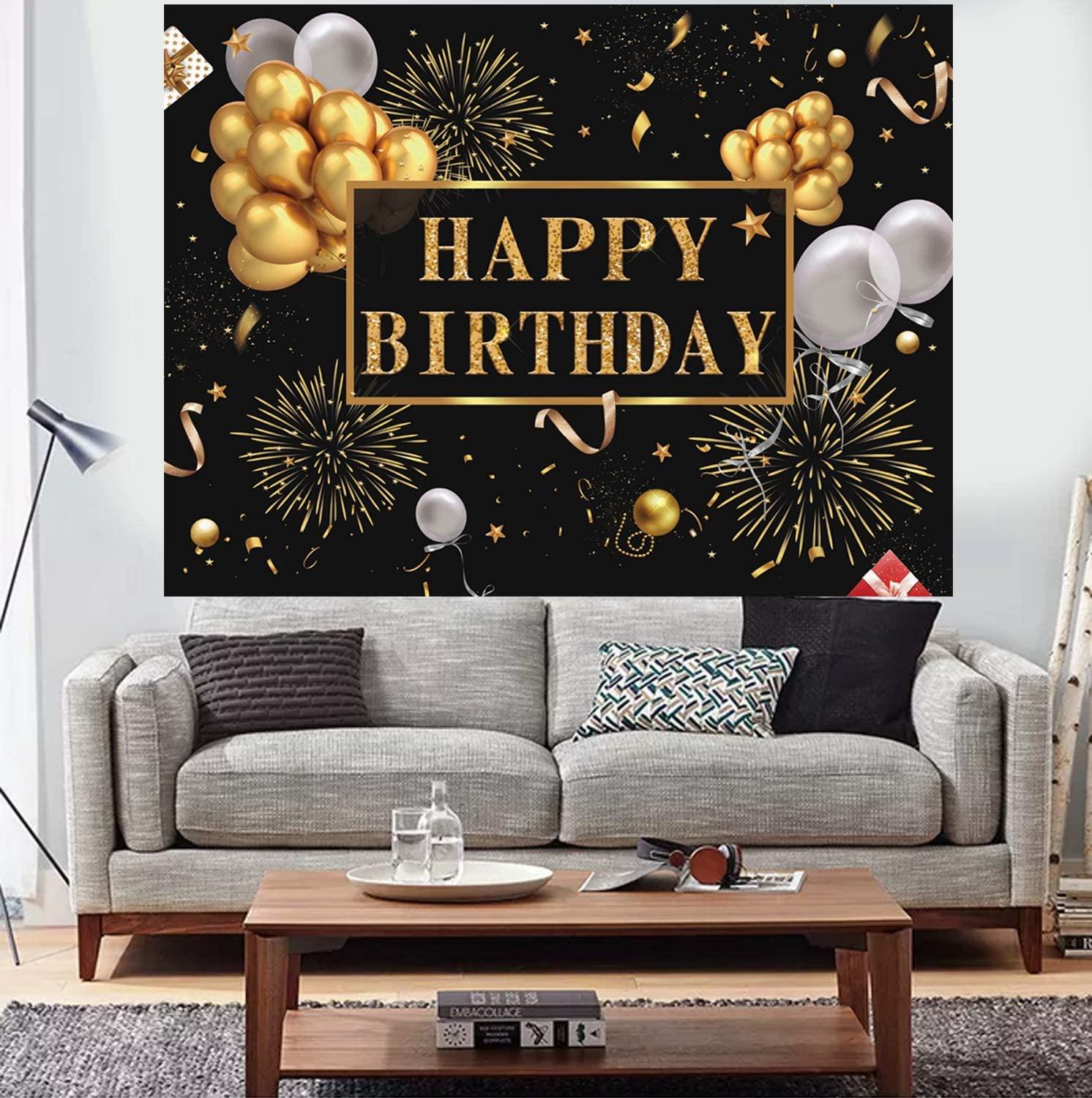 Happy Birthday Backdrop Banner, Birthday Party Decor,Black Gold Poster Photo Booth Backdrop Background - Lasercutwraps Shop