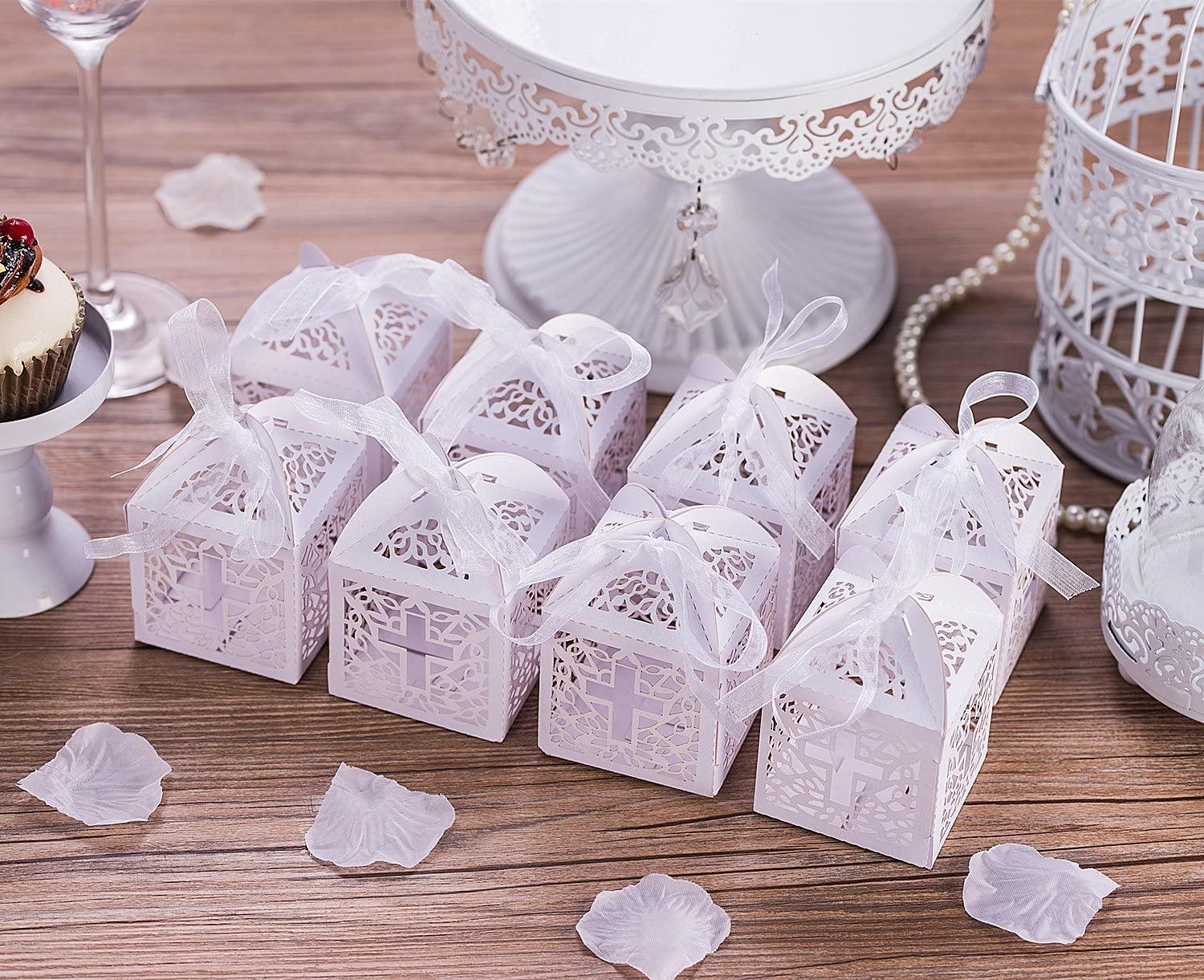 50PCS Baptism Favor Boxes, 2.2''x2.2''x2.2''Laser Cut Favor Boxes with 50 Ribbons - Lasercutwraps Shop