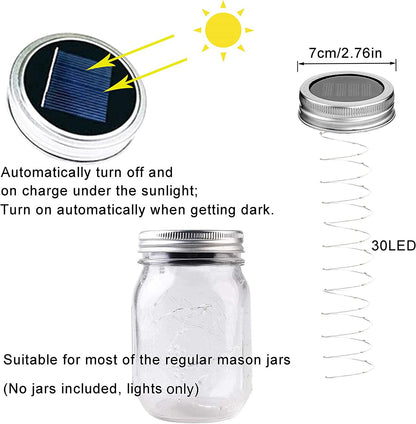 10pcs Solar Mason Jar Lid Lights, 30 LED Waterproof Firefly Fairy Lights with Hangers(No Jars) for Weddings - Lasercutwraps Shop