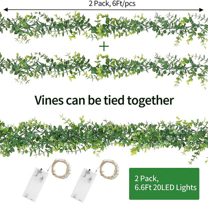 2 Pack 12ft Faux Eucalyptus Vines Greenery Garland with LED Light String Wedding Backdrop Arch - Lasercutwraps Shop