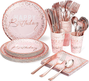 175PCS Happy Birthday Plates and Napkins Party Supplies, Paper Pink and Rose Gold Plates and Napkins with Rose Gold Plastic Forks Knives - Lasercutwraps Shop