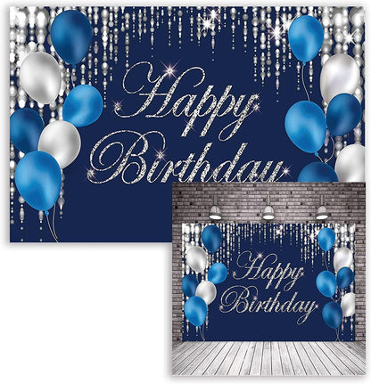 Happy Birthday Backdrop Navy Blue and Silver Happy Birthday Sign Blue Happy Birthday Banner Photo Studio Backdrop - Lasercutwraps Shop