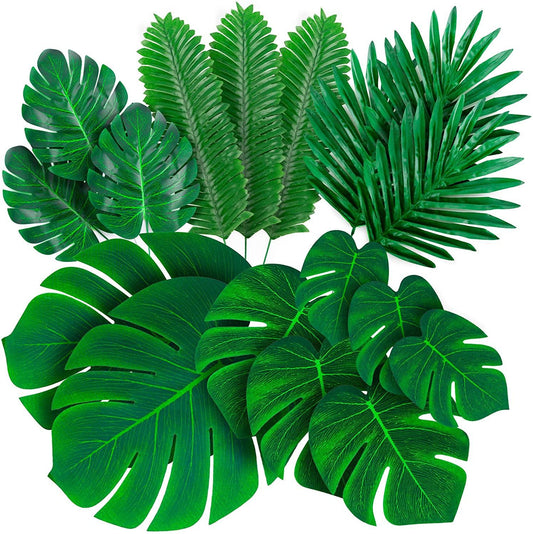 Palm Leaves Artificial Tropical Monstera-84Pcs 6 Kinds Large Small Green Fake Palm Leaf with Stems for Safari Jungle Hawaiian Luau Party Table Decor - Lasercutwraps Shop