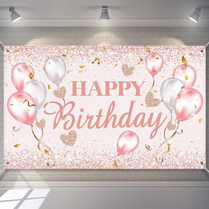 Pink and Rose Gold Happy Birthday Party Decorations Supplies Birthday Party Backdrop - Lasercutwraps Shop
