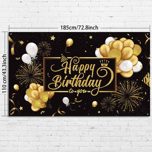 Happy Birthday Backdrop Banner Black and Gold Sign Poster Large Fabric Glitter Balloon Fireworks Sign - Lasercutwraps Shop