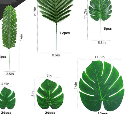 Palm Leaves Artificial Tropical Monstera-84Pcs 6 Kinds Large Small Green Fake Palm Leaf with Stems for Safari Jungle Hawaiian Luau Party Table Decor - Lasercutwraps Shop