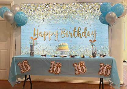 Blue Happy Birthday Backdrop Golden Diamond Shiny Bokeh Photography Background - Lasercutwraps Shop