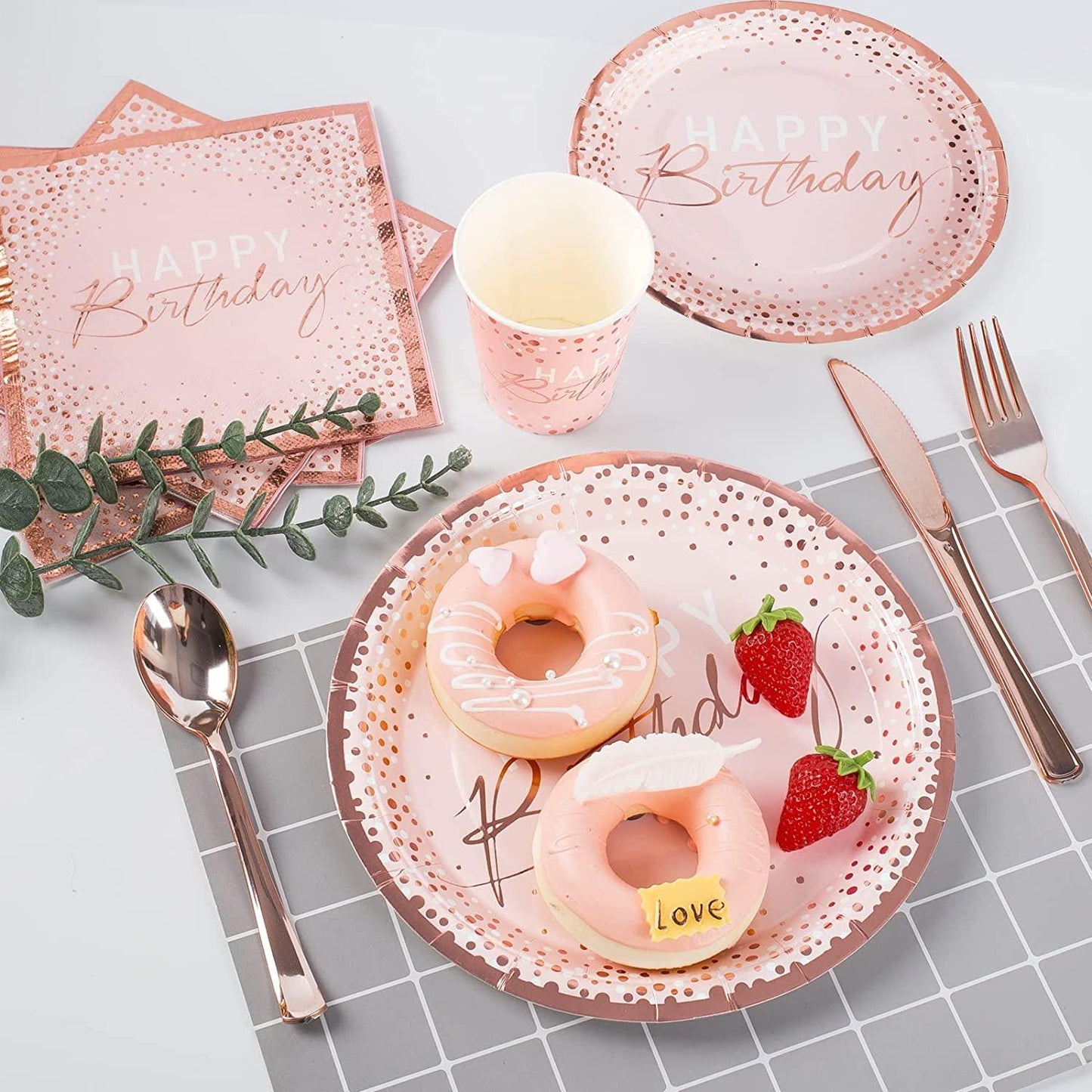 175PCS Happy Birthday Plates and Napkins Party Supplies, Paper Pink and Rose Gold Plates and Napkins with Rose Gold Plastic Forks Knives - Lasercutwraps Shop