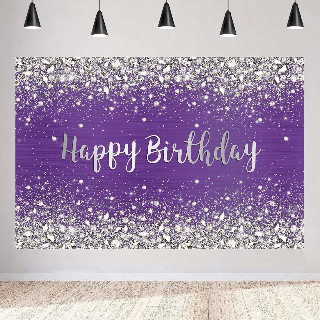 Glitter Purple Diamonds Happy Birthday Backdrop Shinning Silver Bokeh Dots Women Girls Photography Background Sweet 16 Party Decorations - Lasercutwraps Shop