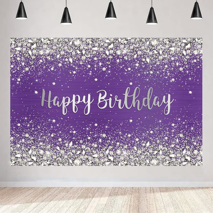 Glitter Purple Diamonds Happy Birthday Backdrop Shinning Silver Bokeh Dots Women Girls Photography Background Sweet 16 Party Decorations - Lasercutwraps Shop