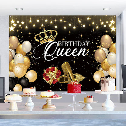 Black Gold Birthday Backdrop Banner, Queen Birthday Backdrop Background for Woman - Lasercutwraps Shop