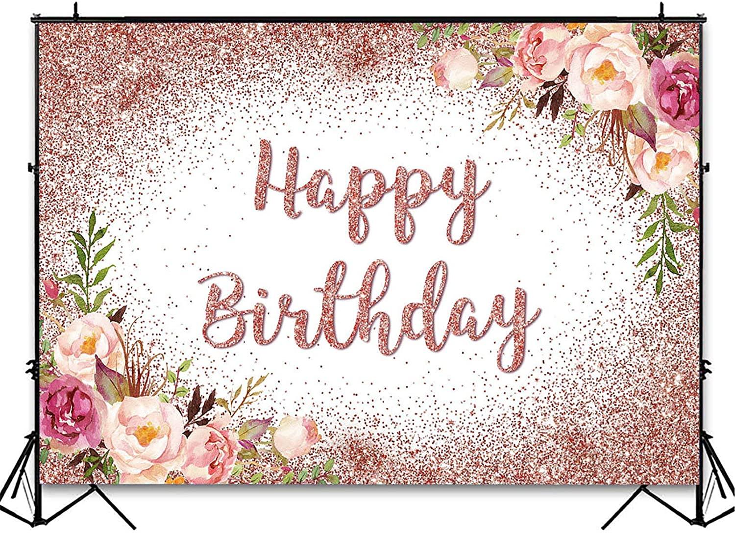 Rose Gold Birthday Backdrop for Girls Women Happy Birthday Party Photography Background Blush Pink Floral Backdrop - Lasercutwraps Shop