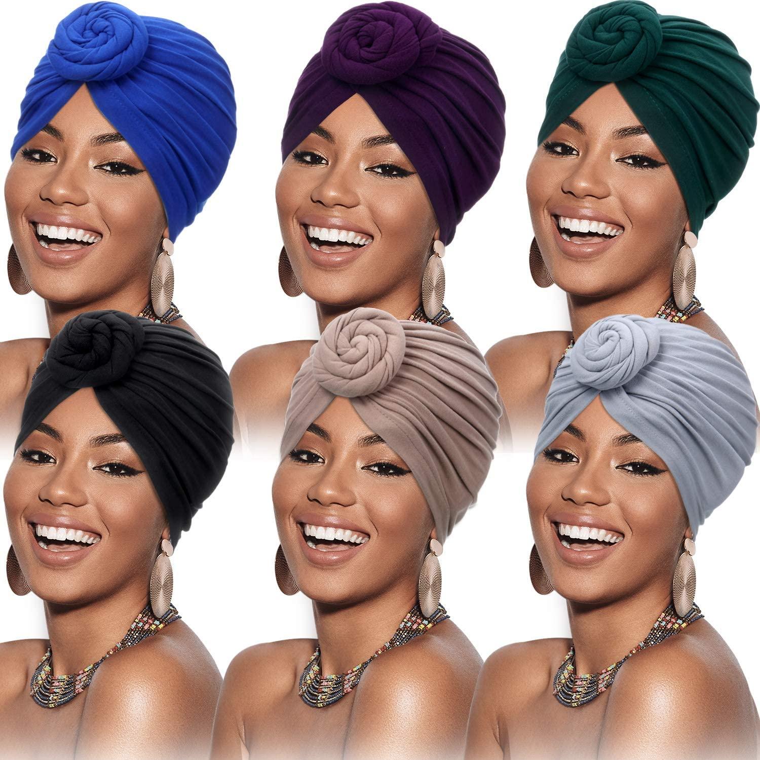 6 Pieces Women African Turban Flower Knot Pre-Tied Bonnet Beanie Cap Headwrap - Lasercutwraps Shop