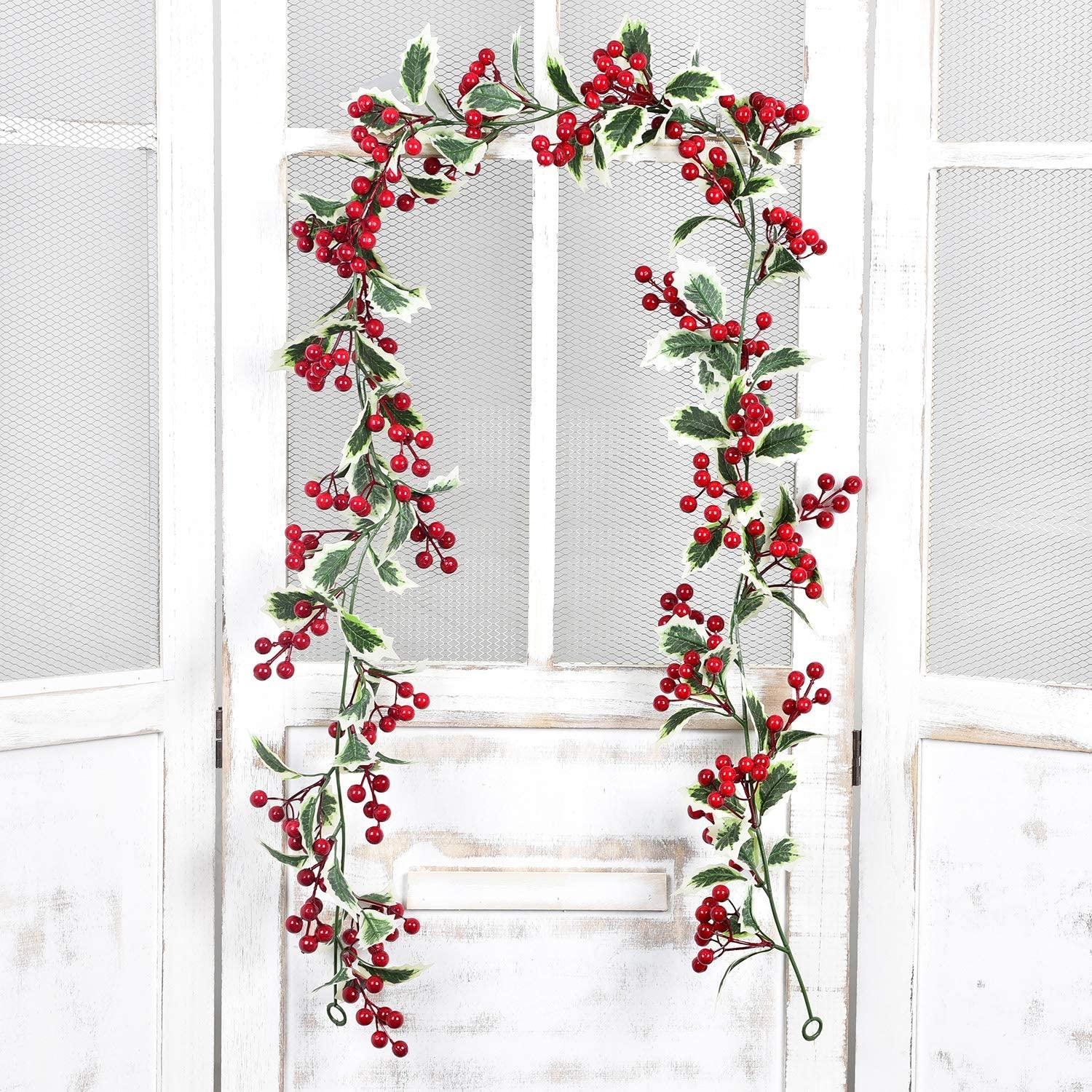 6FT Red Berry Christmas Garland, Flexible Artificial Berry Garland for Indoor Outdoor Home Fireplace Decoration - Lasercutwraps Shop