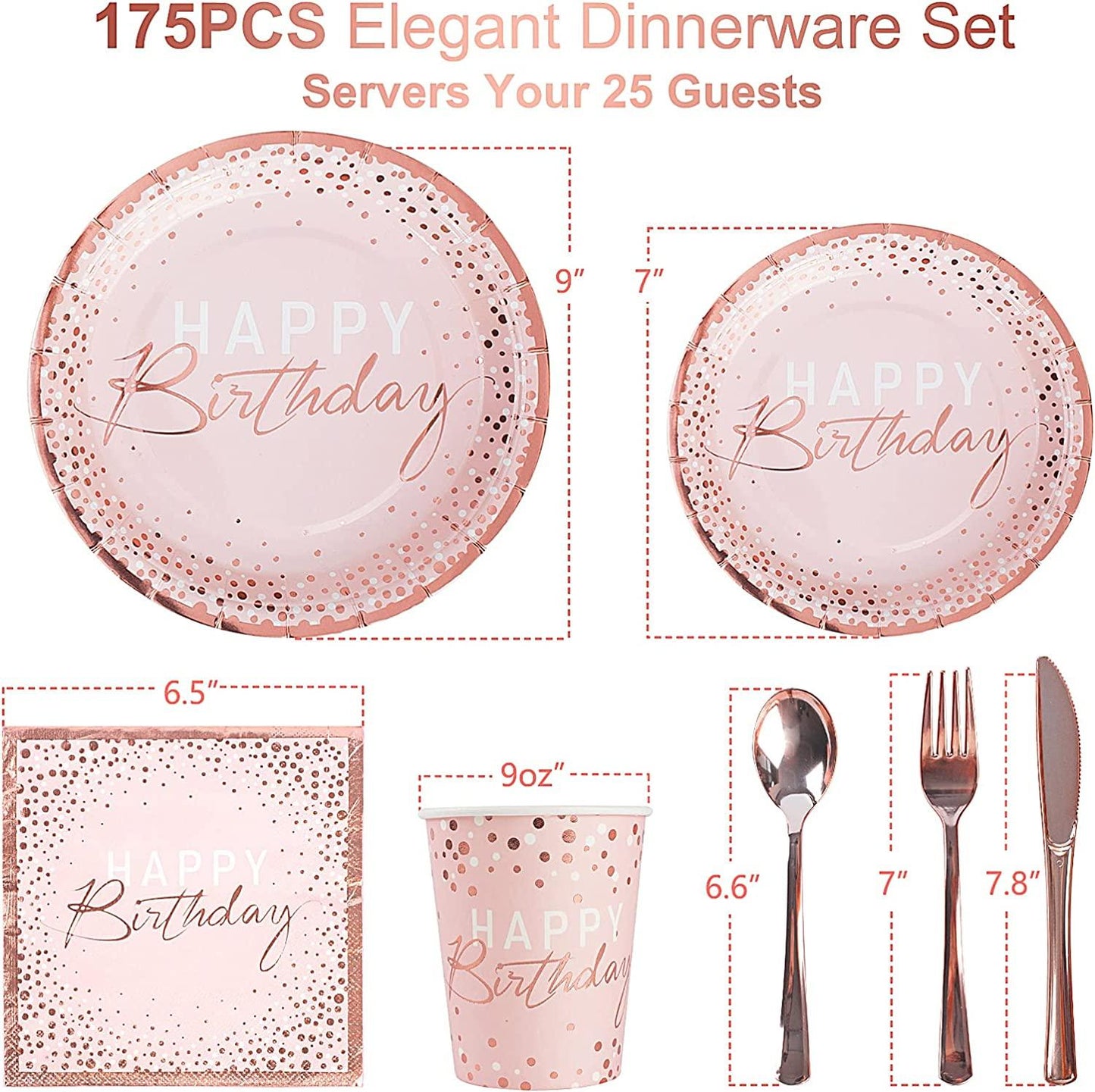 175PCS Happy Birthday Plates and Napkins Party Supplies, Paper Pink and Rose Gold Plates and Napkins with Rose Gold Plastic Forks Knives - Lasercutwraps Shop