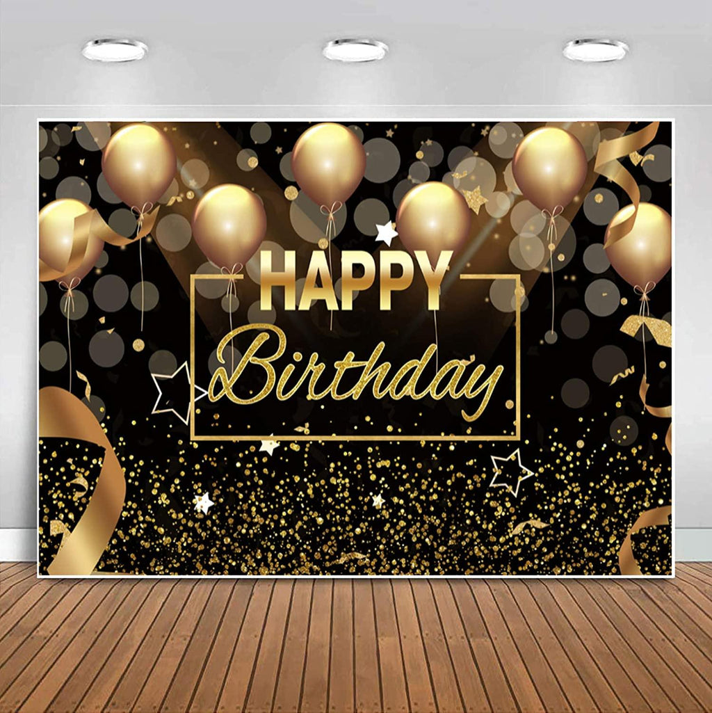 Happy Birthday Party Backdrop Banner for Men Women Black Gold Balloons Glitter Bokeh Spots Photography Background Backdrop - Lasercutwraps Shop