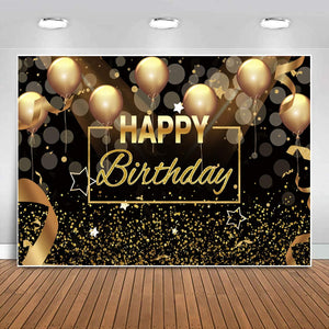 Happy Birthday Party Backdrop Banner for Men Women Black Gold Balloons Glitter Bokeh Spots Photography Background Backdrop - Lasercutwraps Shop
