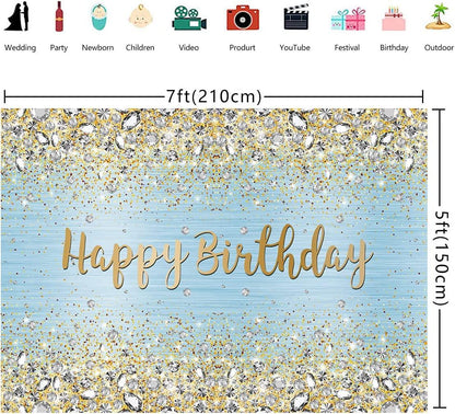 Blue Happy Birthday Backdrop Golden Diamond Shiny Bokeh Photography Background - Lasercutwraps Shop