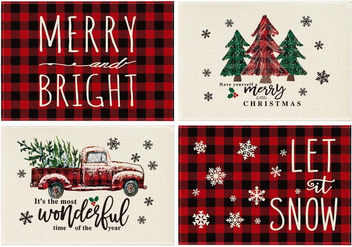 Merry and Bright Buffalo Plaid Christmas Placemats for Dining Table, 12 x 18 Inch Seasonal Winter Washable Table Mats Set of 4 - Lasercutwraps Shop