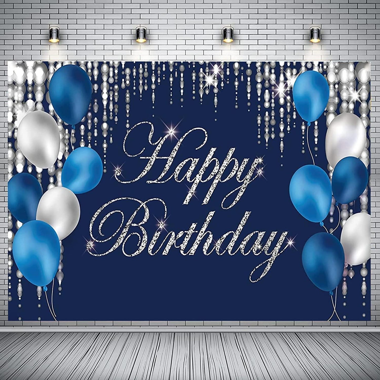 Happy Birthday Backdrop Navy Blue and Silver Happy Birthday Sign Blue Happy Birthday Banner Photo Studio Backdrop - Lasercutwraps Shop