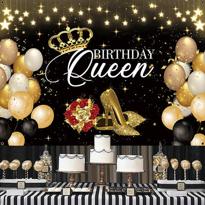 Black Gold Birthday Backdrop Banner, Queen Birthday Backdrop Background for Woman - Lasercutwraps Shop