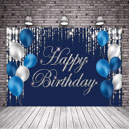 Happy Birthday Backdrop Navy Blue and Silver Happy Birthday Sign Blue Happy Birthday Banner Photo Studio Backdrop - Lasercutwraps Shop