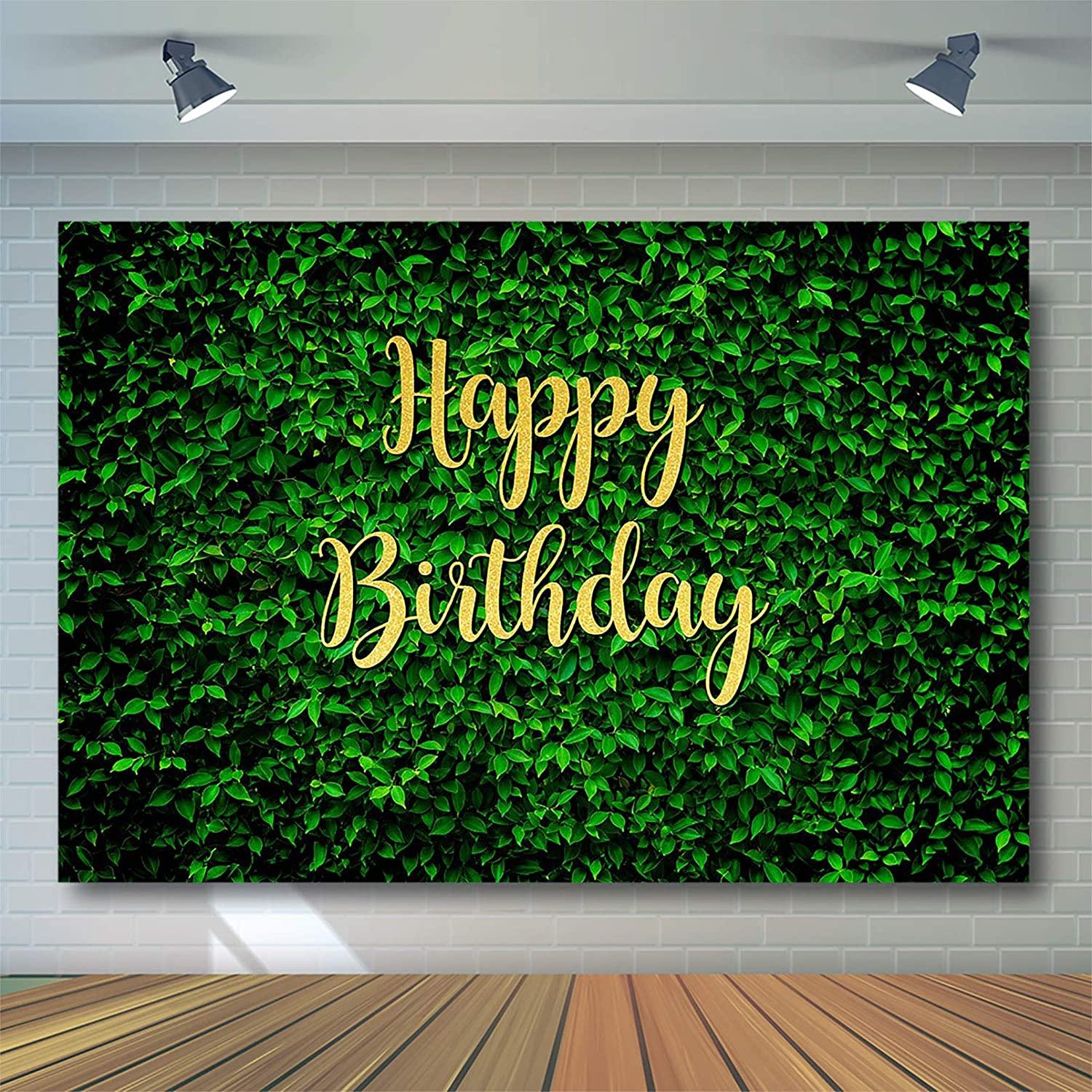 Green Leaves Happy Birthday Backdrop for Jungle Safari Party Decoratio