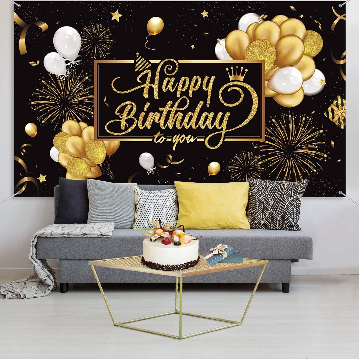 Happy Birthday Backdrop Banner Black and Gold Sign Poster Large Fabric Glitter Balloon Fireworks Sign - Lasercutwraps Shop