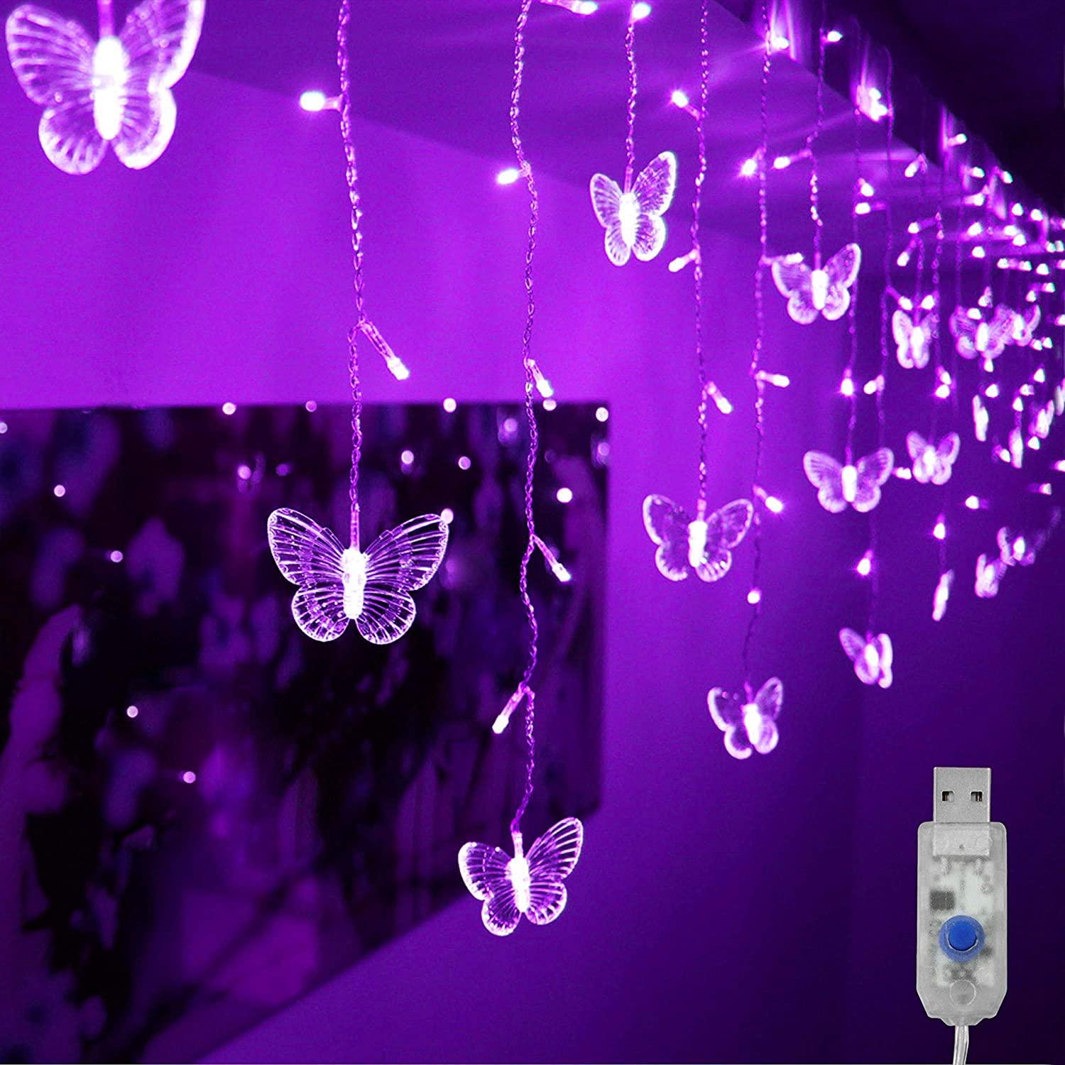 Curtain Lights 48 LED USB Powered 8 Modes Waterproof Window Curtain String Lights with 10 Butterflies Lights for Christmas Holiday Party Decoration - Lasercutwraps Shop