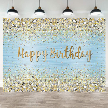 Blue Happy Birthday Backdrop Golden Diamond Shiny Bokeh Photography Background - Lasercutwraps Shop