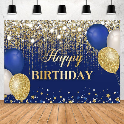 Blue and Gold Happy Birthday Backdrop Glitter Golden Dots Diamonds Balloons - Lasercutwraps Shop