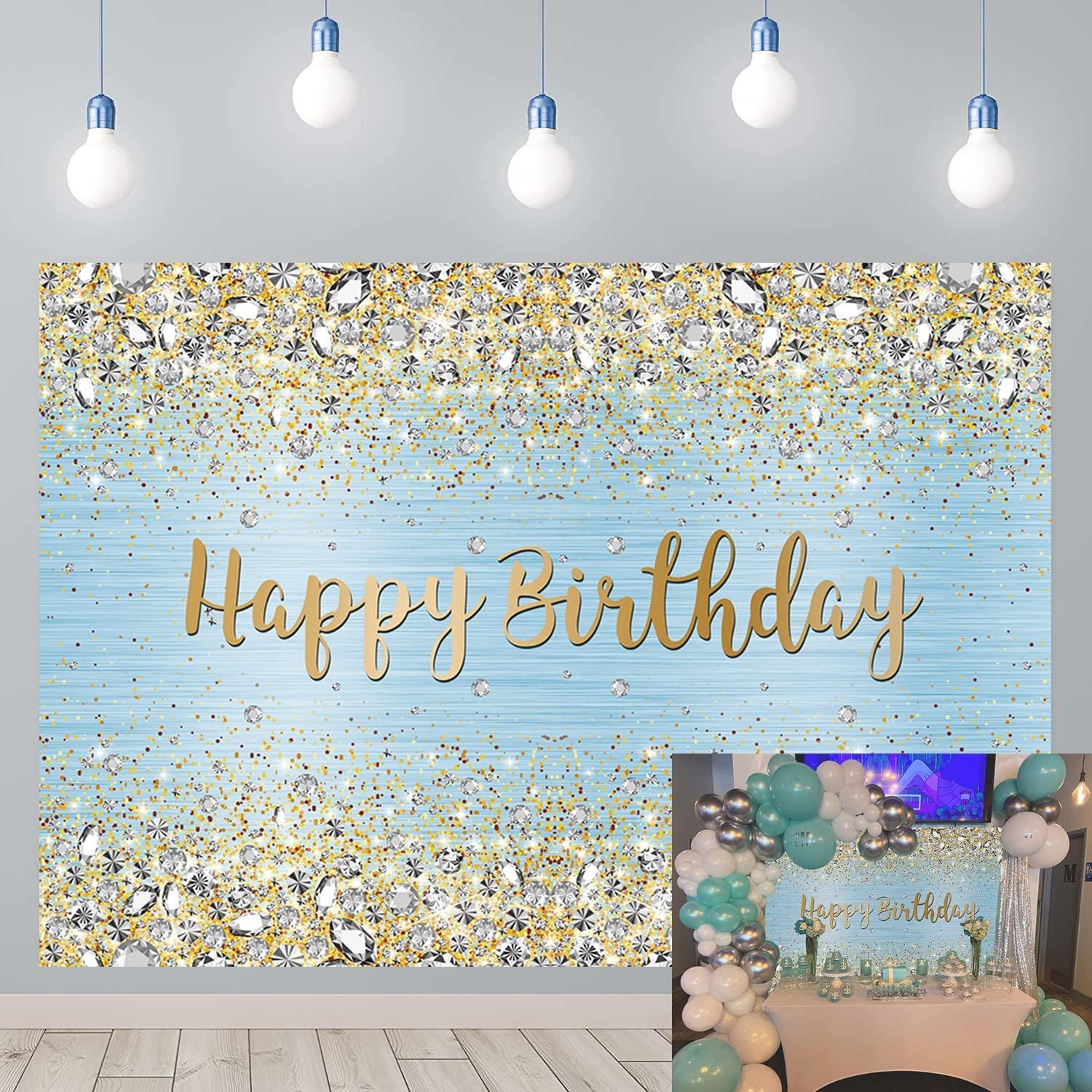 Blue Happy Birthday Backdrop Golden Diamond Shiny Bokeh Photography Background - Lasercutwraps Shop