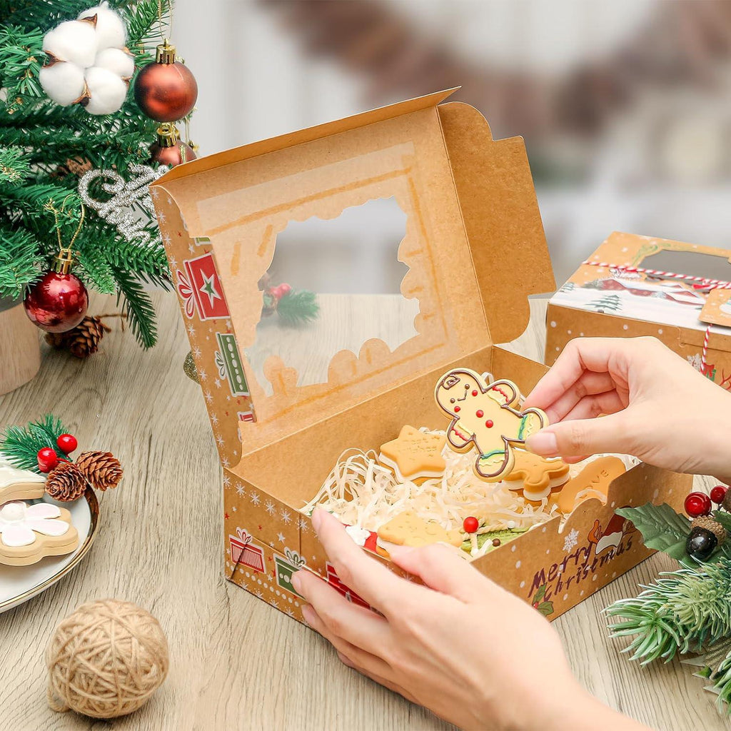 24Pcs Christmas Cookie Boxes with Window, 8.6 * 5.9 * 2.7in Bakery Boxes for Gift Giving, Kraft Brown Treat Boxes Dessert Boxes - Lasercutwraps Shop