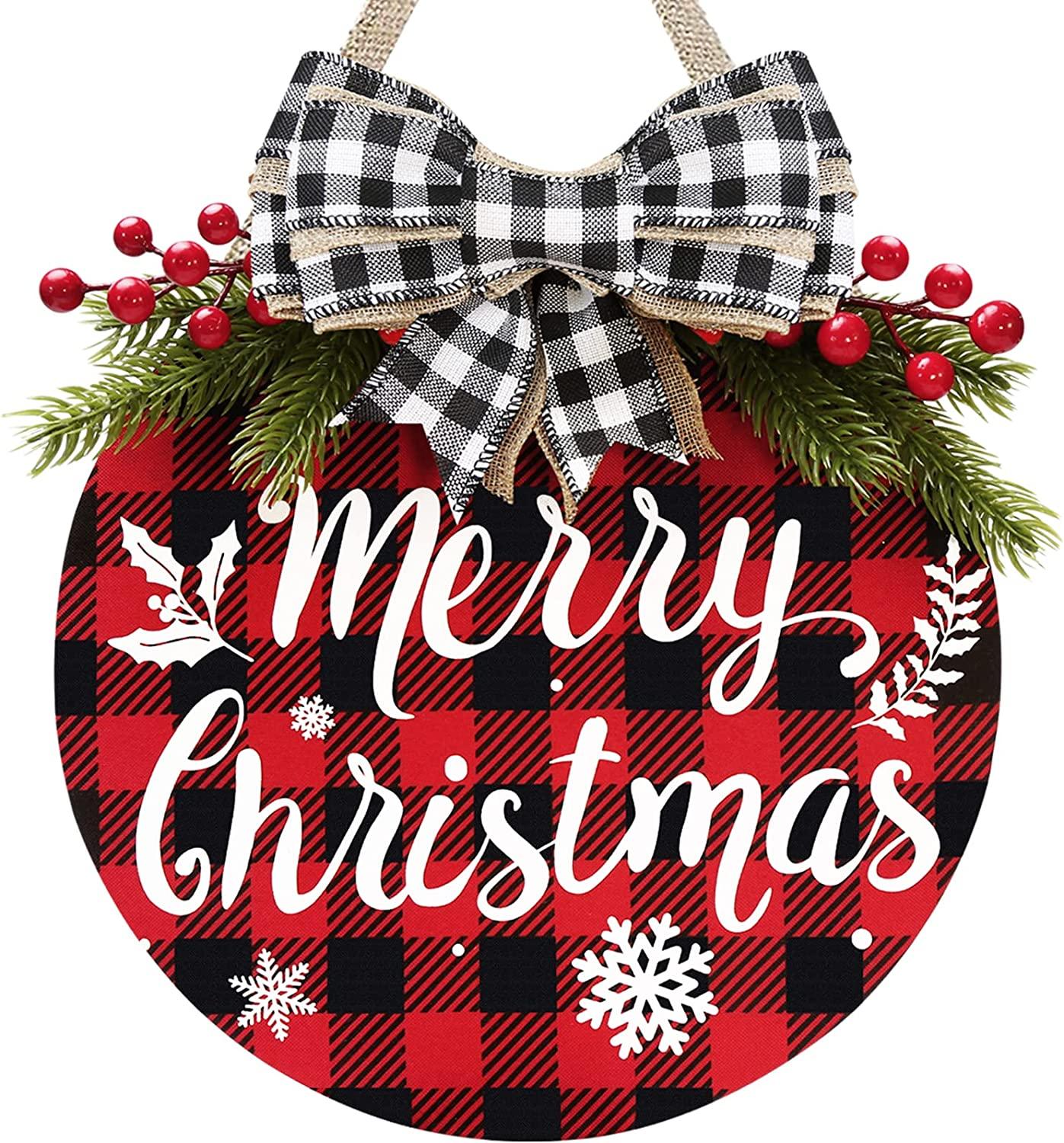 Christmas Wreath Buffalo Plaid Xmas Decorations Winter Wreaths Merry Christmas Sign for Holiday - Lasercutwraps Shop