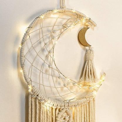 Moon Dream Catcher Wall Decor, Macrame Wall Hanging Boho Dream Catcher with LED String Light Craft Gifts for Kids Teenage Girls Bedroom Bohemian - Lasercutwraps Shop