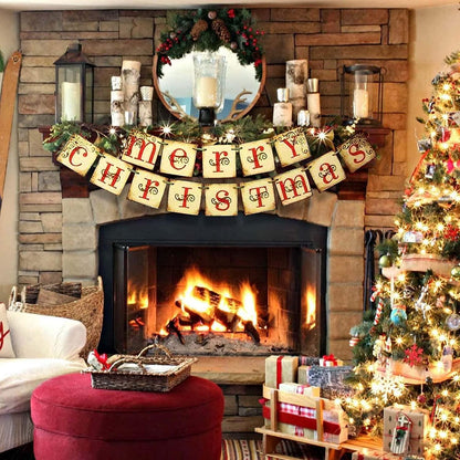 Merry Christmas Banner Vintage Xmas Decorations Indoor for Home Office Party Fireplace Mantle Farmhouse Decor - Lasercutwraps Shop