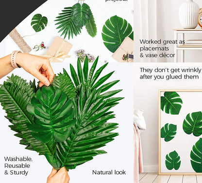 Palm Leaves Artificial Tropical Monstera-84Pcs 6 Kinds Large Small Green Fake Palm Leaf with Stems for Safari Jungle Hawaiian Luau Party Table Decor - Lasercutwraps Shop