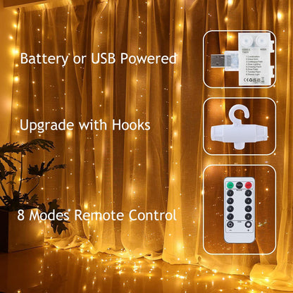 Battery or USB Plug in, 9.8 x 9.8 ft Remote Control Curtain Fairy Light Garland LED String Lights Wedding Backdrop Party Decorations - Lasercutwraps Shop